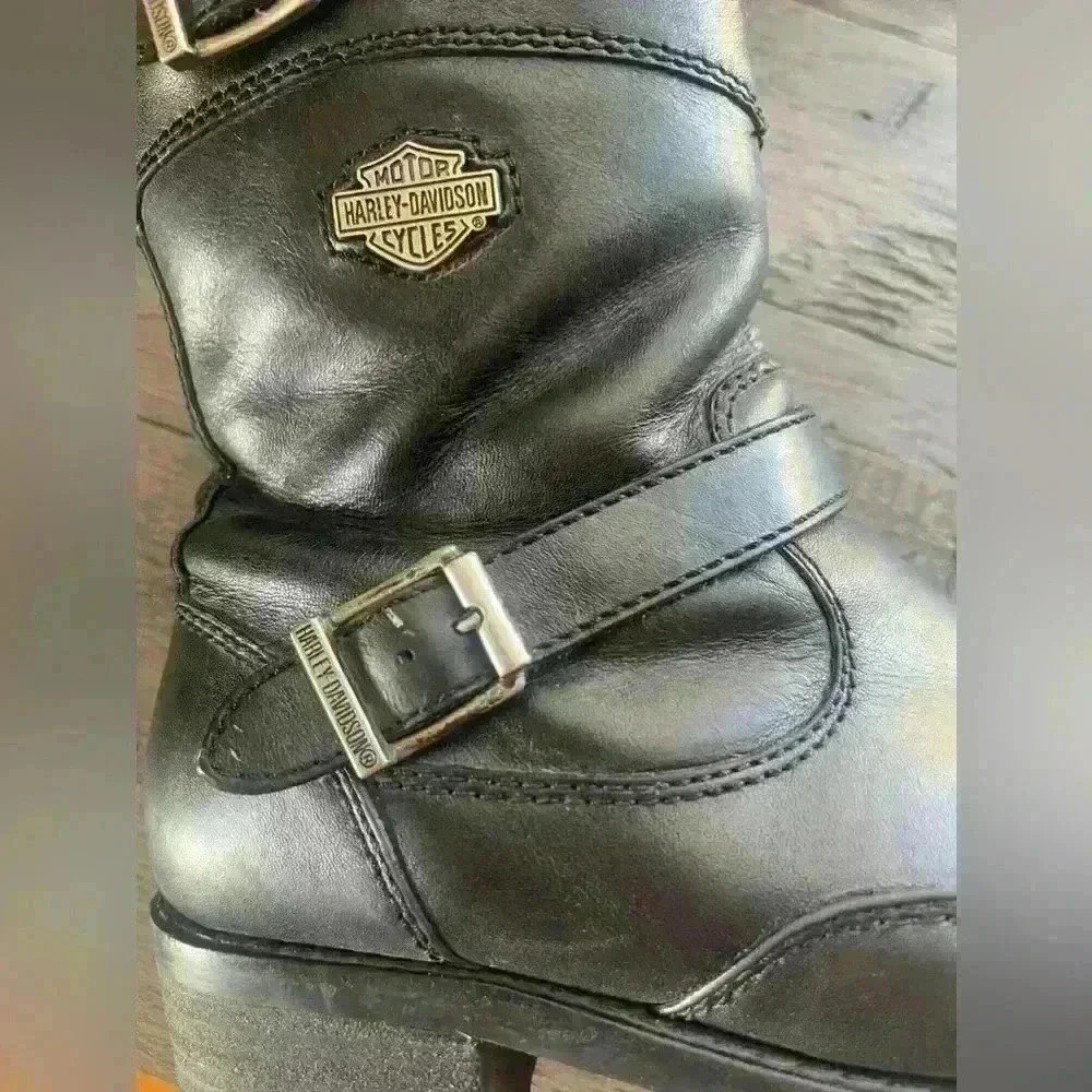 Harley Davidson Double Buckle Size Zip Y2K Black Motorcycle Boots Women's 7 - Picture 2 of 12